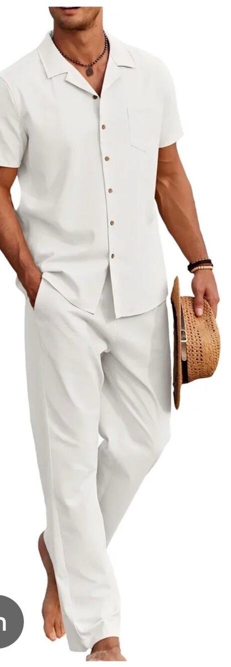 Coofandy Mens White Cotton Linen 2 Piece Short Sleeve Shirt Pants Set Size XL